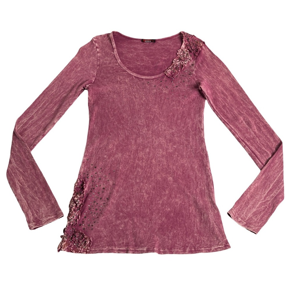 Vintage Y2K T Party Top Womens Medium Rhinestone Floral Applique Mineral Wash